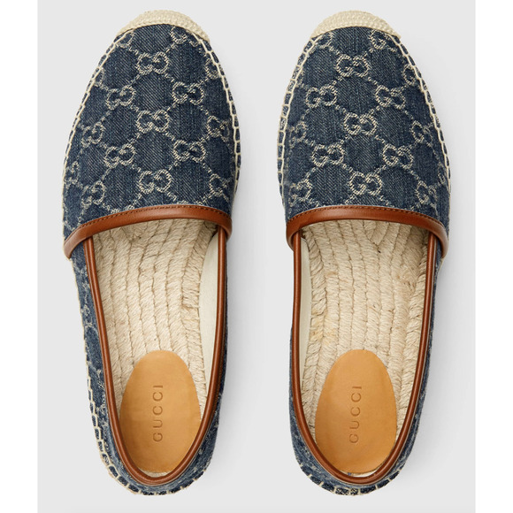 Gucci Jacquard Denim Blue Tea Brown Leather Ivory GG Logo Flat Espadrilles 36 - Picture 5 of 11